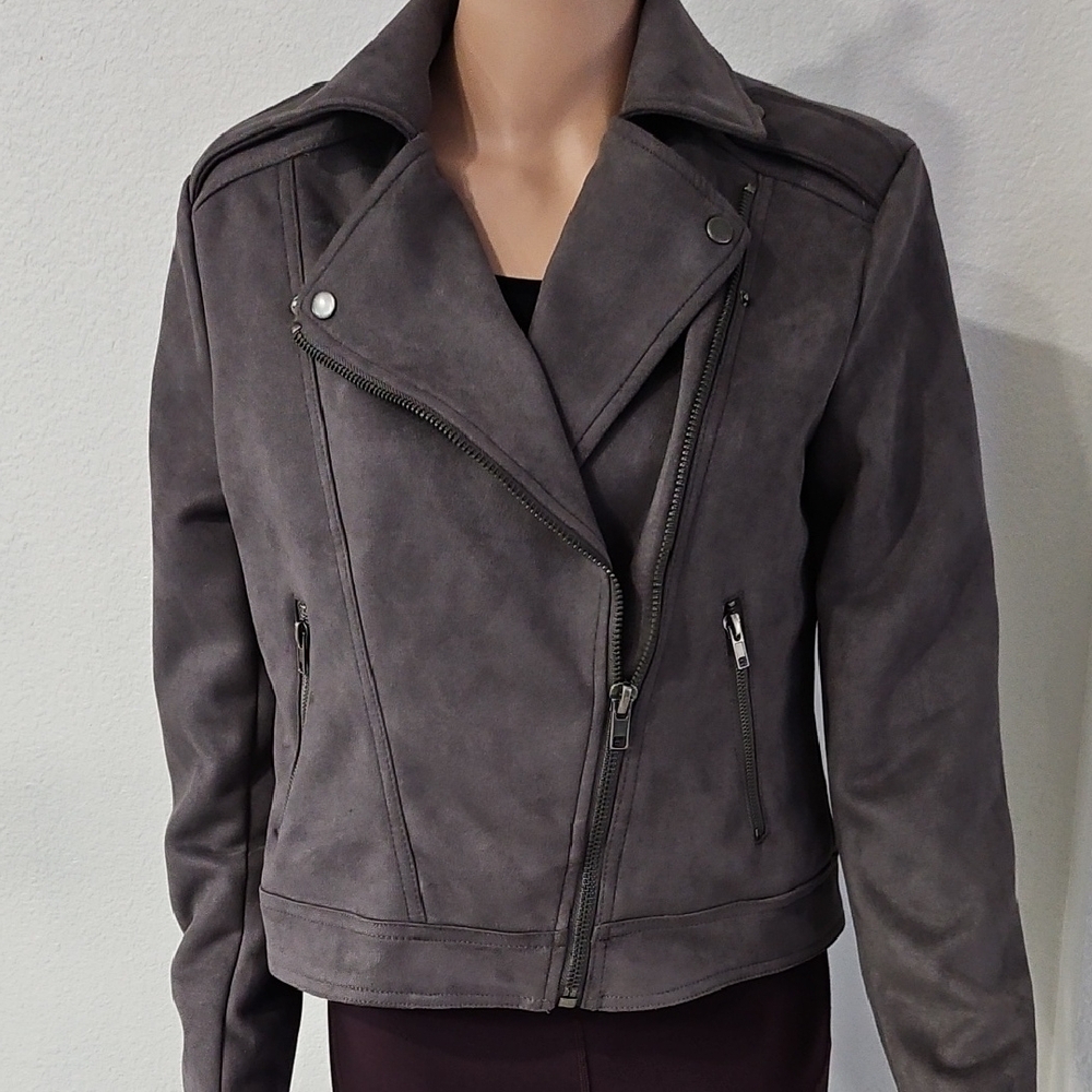 Philosophy Di Aste Charcoal Gray Faux Leather Asymmetric Moto Jacket Size S - Picture 2 of 7